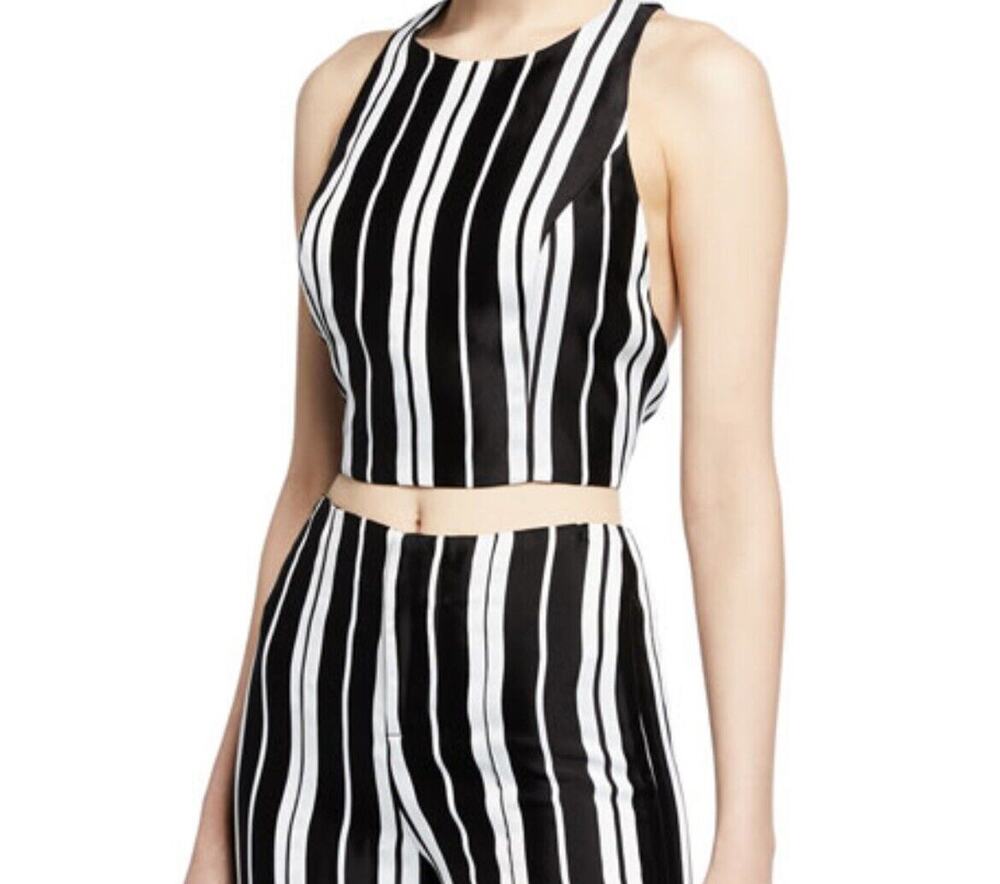Alice + Olivia Satin Crop Top Women’s Tru Racerback Fitted Black White NWT SZ 0